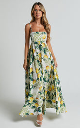 Cardi Maxi Dress - Strappy Straight Neck A Line Dress in Yellow